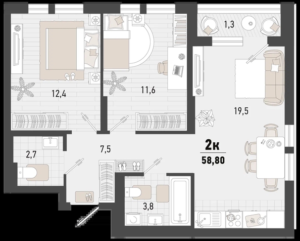 
   Продам 2-комнатную, 58.8 м², Барса, 4В литер

. Фото 2.