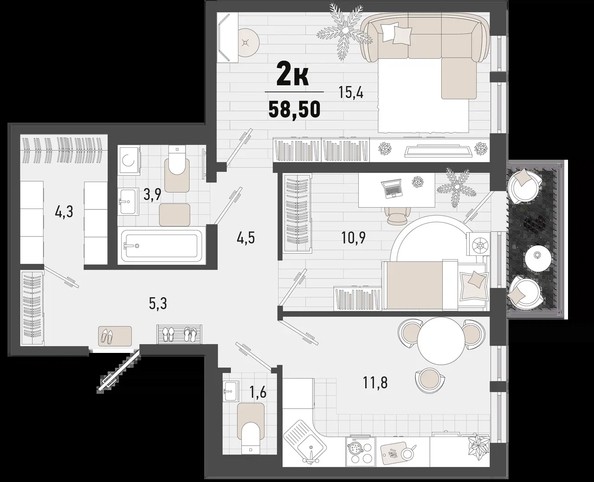 
   Продам 2-комнатную, 58.5 м², Барса, 4Б литер

. Фото 1.