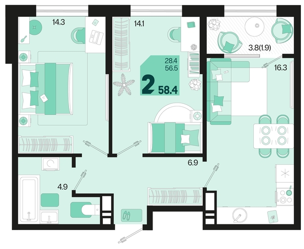 
   Продам 2-комнатную, 58.4 м², Первое место, квартал 1.2, литер 1

. Фото 2.