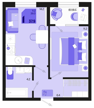 
   Продам 1-комнатную, 37.9 м², Первое место, квартал 1.3, литер 2

. Фото 1.