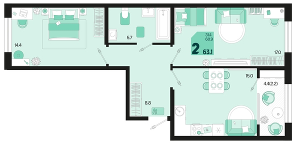 
   Продам 2-комнатную, 63.1 м², Первое место, квартал 1.1, литер 2

. Фото 7.