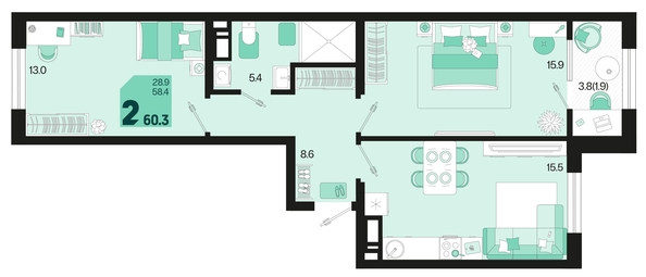 
   Продам 2-комнатную, 60.3 м², Первое место, квартал 1.1, литер 2

. Фото 24.