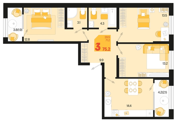 
   Продам 3-комнатную, 75.2 м², Первое место, квартал 1.2, литер 1

. Фото 2.