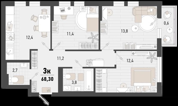 
   Продам 3-комнатную, 68.3 м², Барса, 4В литер

. Фото 1.