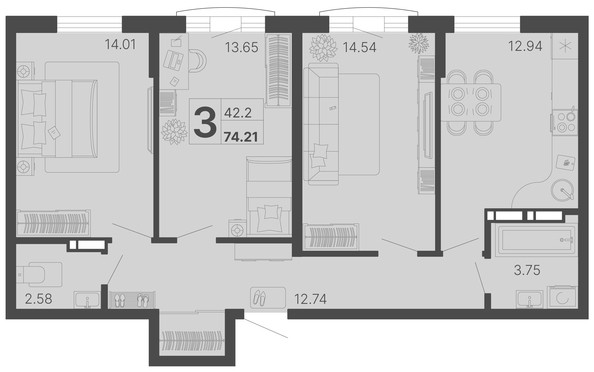 
   Продам 3-комнатную, 74.21 м², Светский лес, литер 4

. Фото 1.