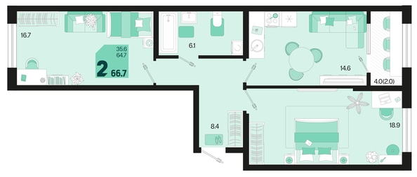 
   Продам 2-комнатную, 66.7 м², Первое место, квартал 1.3, литер 2

. Фото 2.