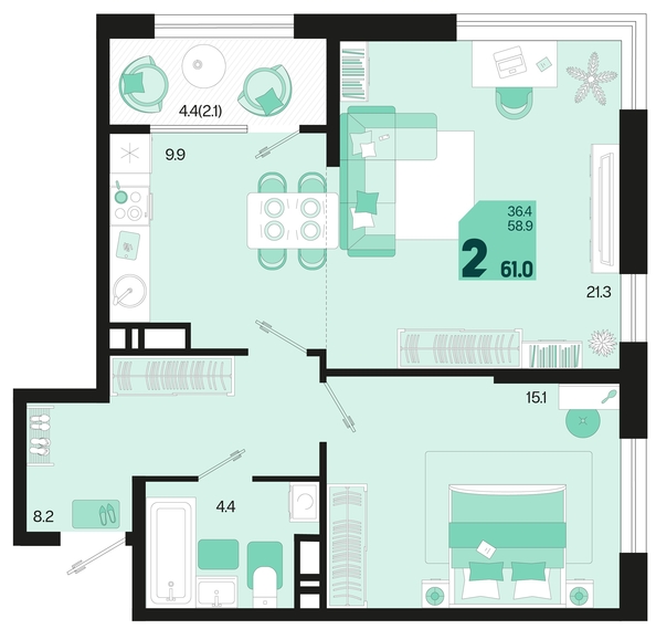 
   Продам 2-комнатную, 61 м², Первое место, квартал 1.3, литер 1

. Фото 2.