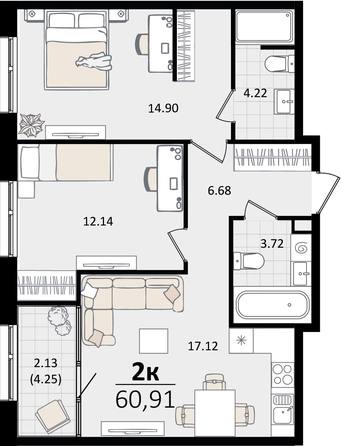 
   Продам 2-комнатную, 60.91 м², Патрики, литер 2

. Фото 7.