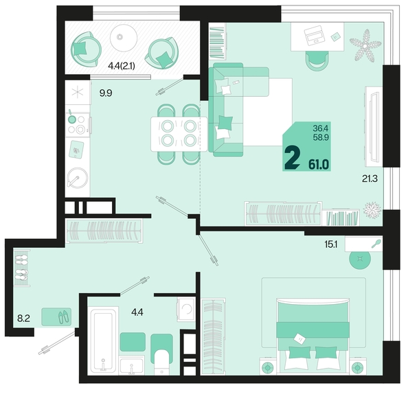 
   Продам 2-комнатную, 61 м², Первое место, квартал 1.2, литер 1

. Фото 18.