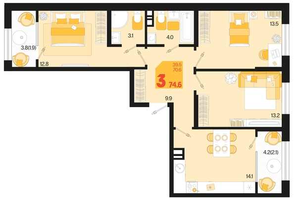 
   Продам 3-комнатную, 74.6 м², Первое место, квартал 1.2, литер 2

. Фото 19.