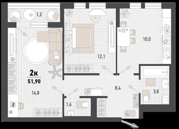 
   Продам 2-комнатную, 51.9 м², Барса, 3В литер

. Фото 2.