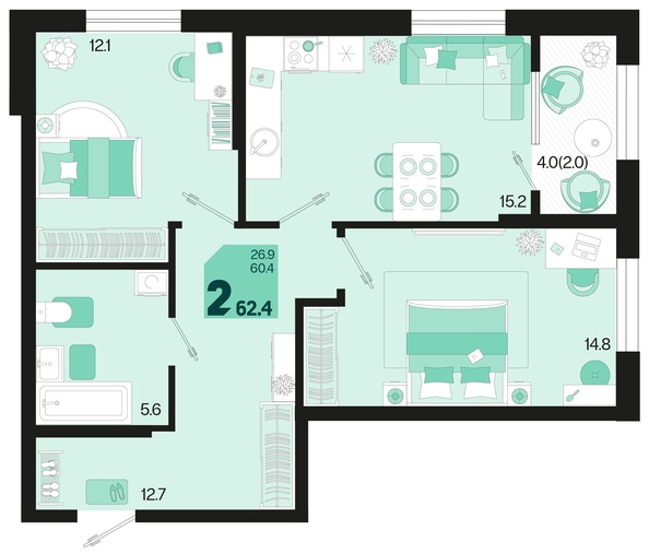 
   Продам 2-комнатную, 62.4 м², Первое место, квартал 1.1, литер 1

. Фото 1.