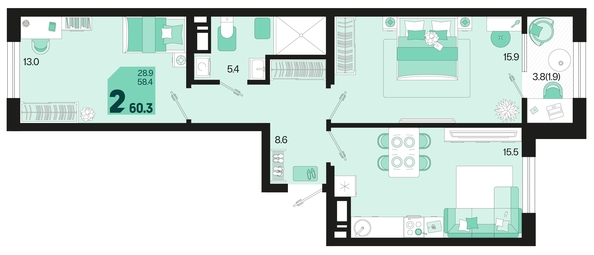 
   Продам 2-комнатную, 60.3 м², Первое место, квартал 1.2, литер 2

. Фото 2.