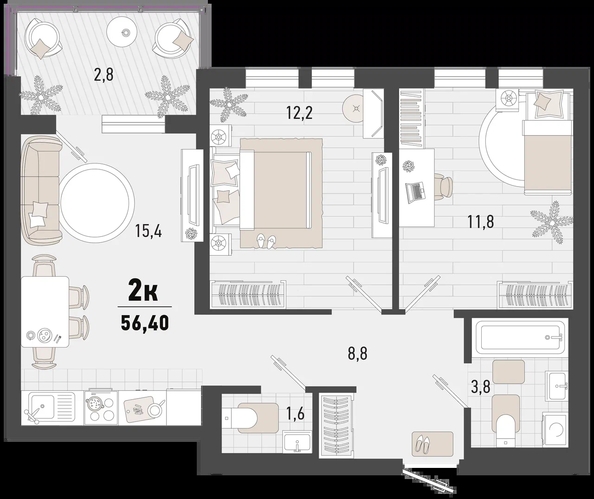 
   Продам 2-комнатную, 56.4 м², Барса, 4В литер

. Фото 1.