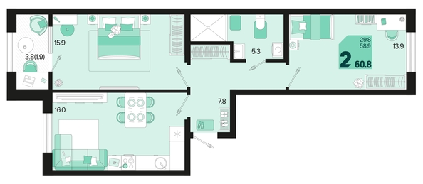 
   Продам 2-комнатную, 60.8 м², Первое место, квартал 1.1, литер 2

. Фото 18.