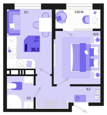 
   Продам 1-комнатную, 35.2 м², Первое место, квартал 1.2, литер 2

. Фото 1.