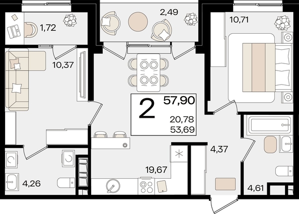 
   Продам 2-комнатную, 57.9 м², Патрики, литер 1.3

. Фото 8.