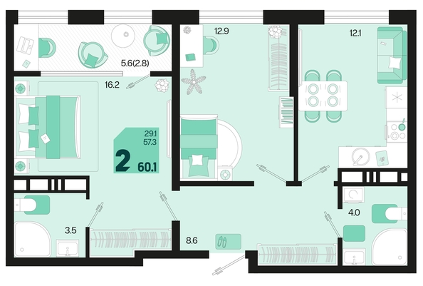 
   Продам 2-комнатную, 60.1 м², Первое место, квартал 1.3, литер 1

. Фото 2.