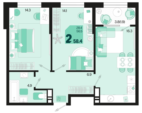 
   Продам 2-комнатную, 58.4 м², Первое место, квартал 1.3, литер 1

. Фото 2.