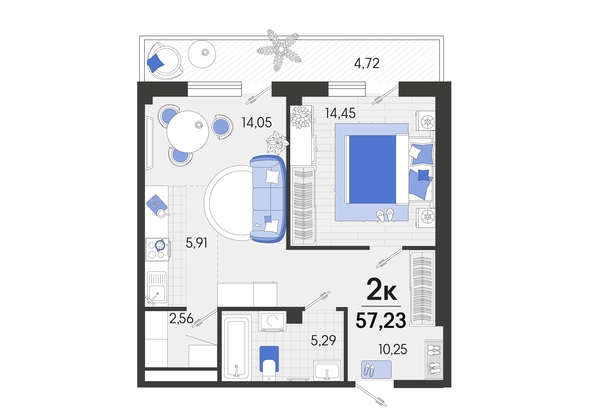
   Продам 2-комнатную, 57.23 м², Белые росы, литера 7

. Фото 4.