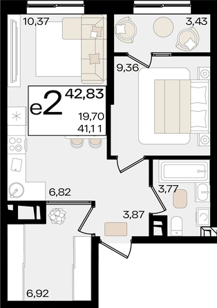 
   Продам 2-комнатную, 42.83 м², Патрики, литер 1.3

. Фото 4.