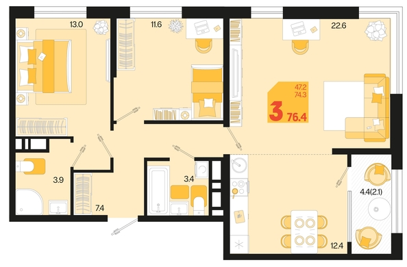 
   Продам 3-комнатную, 76.4 м², Первое место, квартал 1.3, литер 1

. Фото 1.