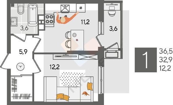 
   Продам 1-комнатную, 32.9 м², Рекорд 2, литера 1

. Фото 6.