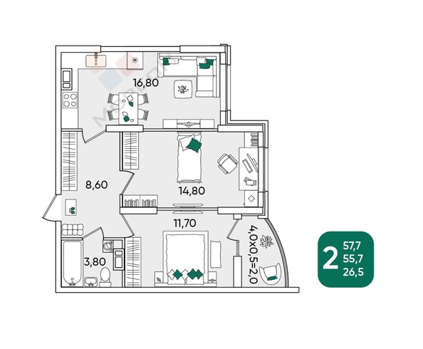 
   Продам 2-комнатную, 55.7 м², Любимово мкр, 5

. Фото 13.