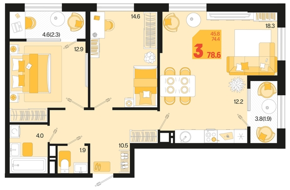 
   Продам 3-комнатную, 78.6 м², Первое место, квартал 1.3, литер 2

. Фото 1.