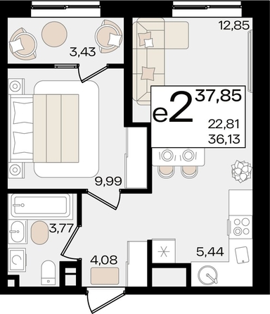 
   Продам 2-комнатную, 37.85 м², Патрики, литер 1.3

. Фото 4.