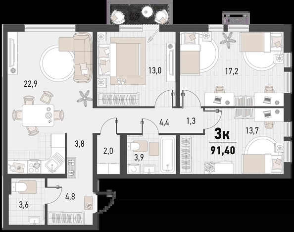 
   Продам 3-комнатную, 91.4 м², Барса, 1В литер

. Фото 7.