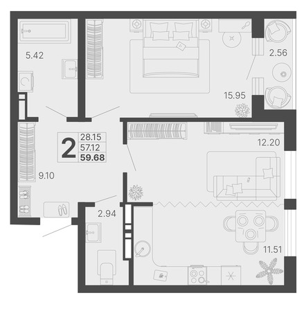 
   Продам 2-комнатную, 58.4 м², Светский лес, литер 4

. Фото 1.