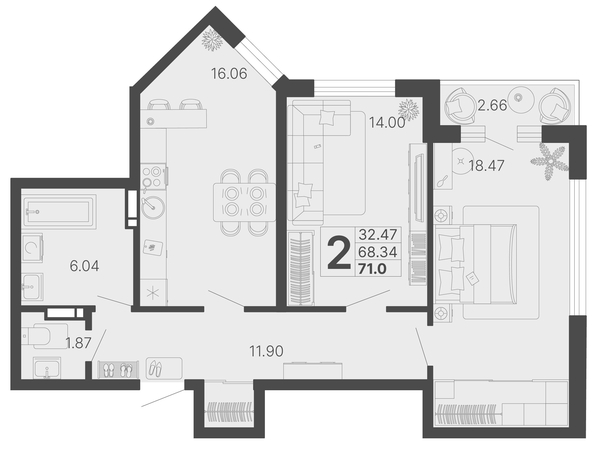 
   Продам 2-комнатную, 69.67 м², Светский лес, литер 4

. Фото 1.