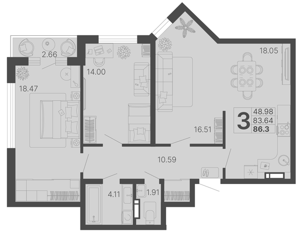 
   Продам 3-комнатную, 84.97 м², Светский лес, литер 4

. Фото 12.