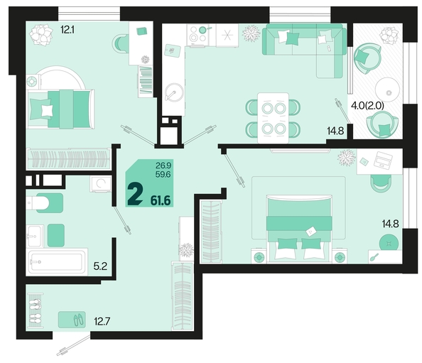 
   Продам 2-комнатную, 61.6 м², Первое место, квартал 1.10, литер 2

. Фото 1.