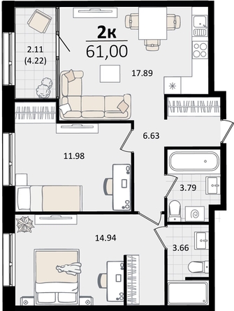 
   Продам 2-комнатную, 61 м², Патрики, литер 2

. Фото 8.