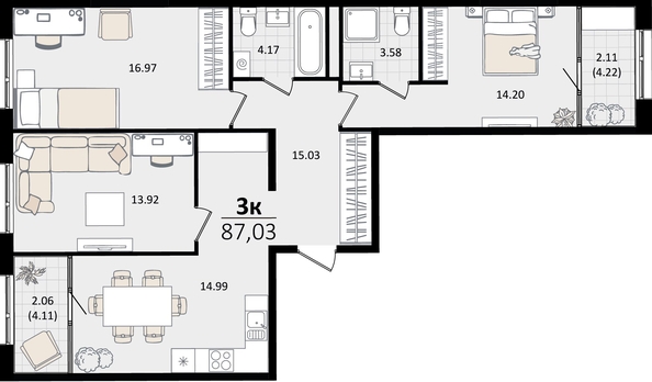 
   Продам 3-комнатную, 87.03 м², Патрики, литер 2

. Фото 8.