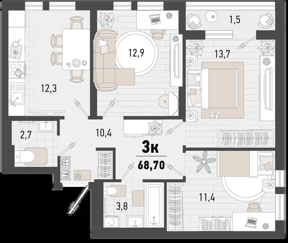 
   Продам 3-комнатную, 68.7 м², Барса, 3В литер

. Фото 1.