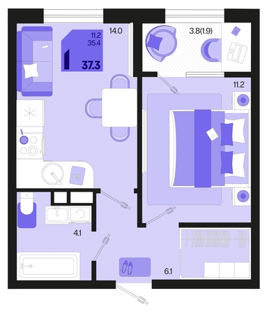 
   Продам 1-комнатную, 37.3 м², Первое место, квартал 1.3, литер 2

. Фото 12.