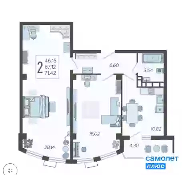 
   Продам 2-комнатную, 71.42 м², Режиссёр, литера 3

. Фото 4.