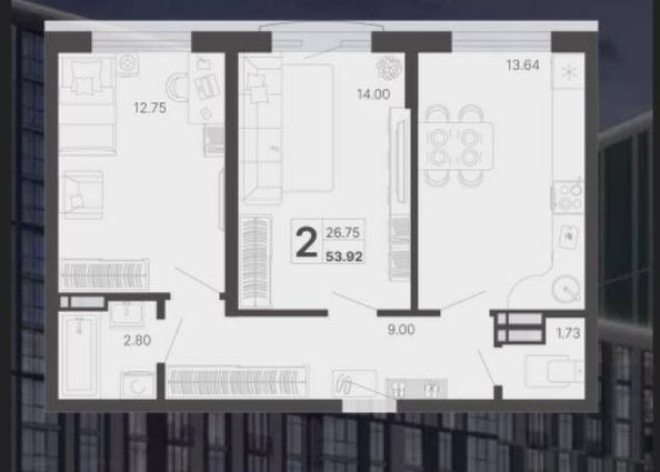 
   Продам 2-комнатную, 53.92 м², Краснодонская ул, 46

. Фото 2.