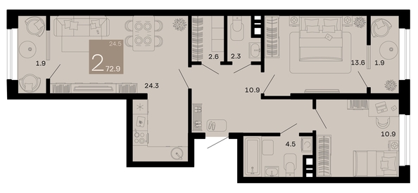 
   Продам 2-комнатную, 72.9 м², Хозяин морей, литер 2

. Фото 1.