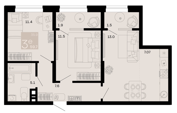 
   Продам 3-комнатную, 59.7 м², Хозяин морей, литер 2

. Фото 1.