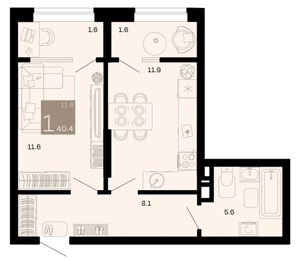 
   Продам 1-комнатную, 40.4 м², Хозяин морей, литер 2

. Фото 1.