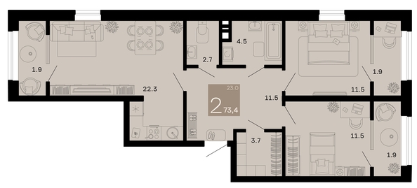 
   Продам 2-комнатную, 73.4 м², Хозяин морей, литер 2

. Фото 6.