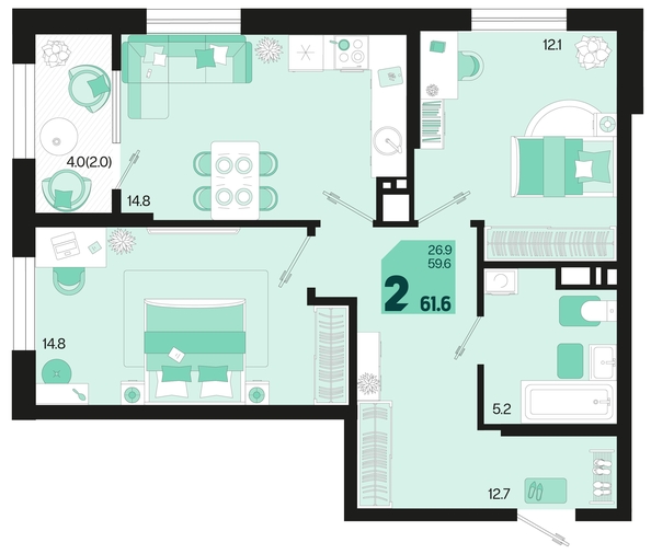 
   Продам 2-комнатную, 61.6 м², Первое место, квартал 1.4, литер 1

. Фото 12.