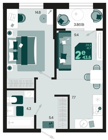 
   Продам 2-комнатную, 43.6 м², Первое место, квартал 1.4, литер 1

. Фото 1.