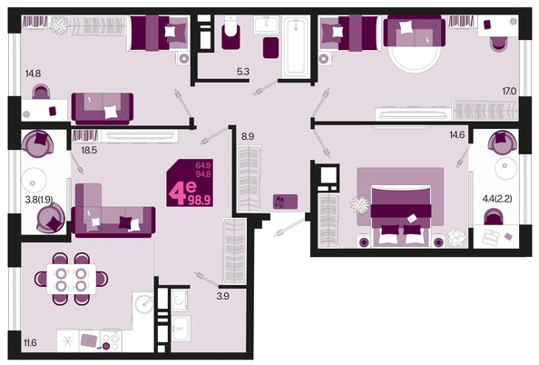 
   Продам 4-комнатную, 98.9 м², Первое место, квартал 1.4, литер 2

. Фото 1.