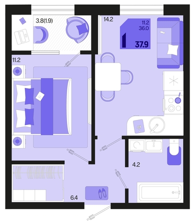 
   Продам 1-комнатную, 37.9 м², Первое место, квартал 1.4, литер 2

. Фото 1.