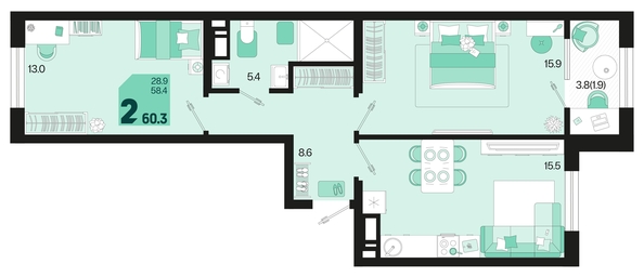 
   Продам 2-комнатную, 60.3 м², Первое место, квартал 1.4, литер 2

. Фото 1.